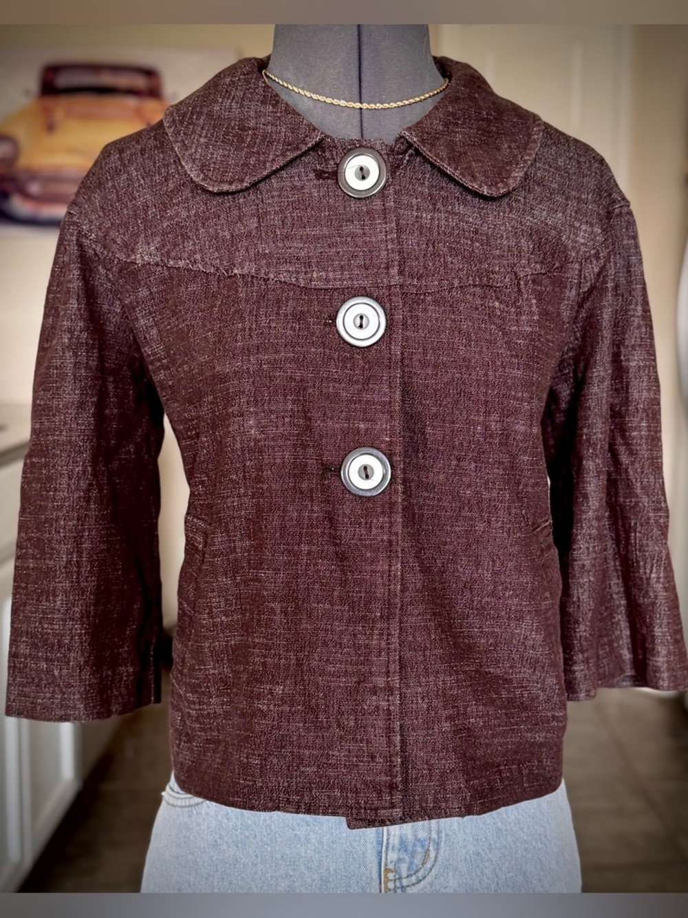 Chocolate Brown Boxy Jacket Vintage Lapel Button Coat M